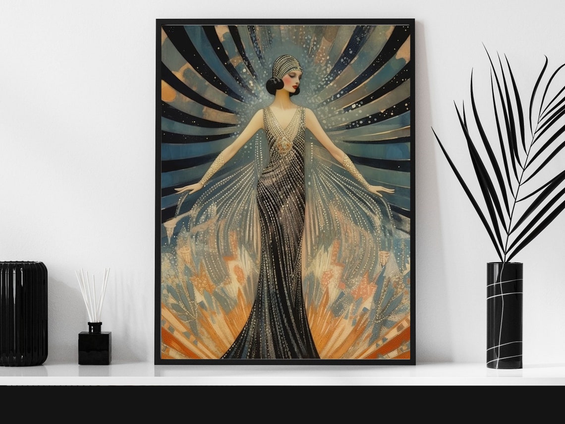 Vintage Erté Inspired Flapper in Beaded Gown with Starburst Poster