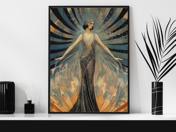 Vintage Erté Inspired Flapper in Beaded Gown with Starburst Poster