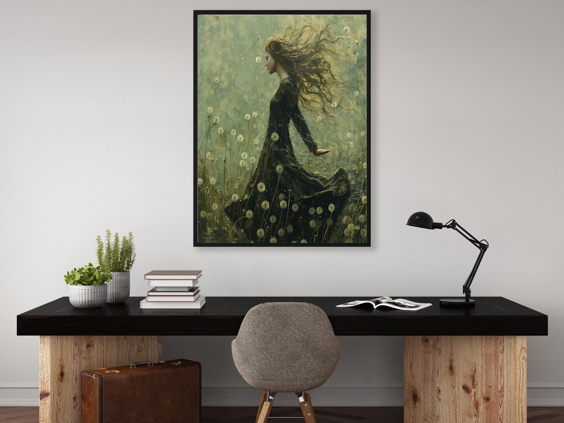 Dandelion Meadow Woman in the Wind Dark Floral Botanical Wall Poster - Image 3