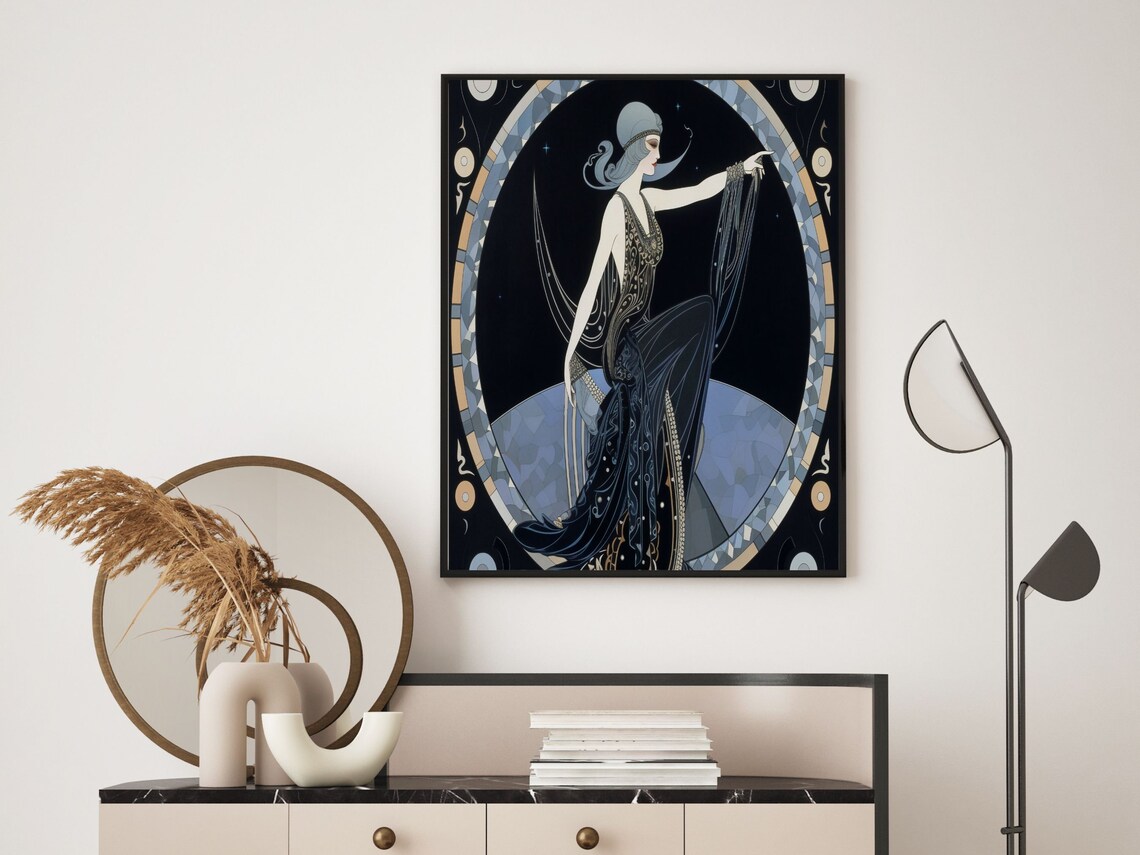 Art Deco Blue Night Sketch Woman In Black Gown Moon Circle Poster - Image 6