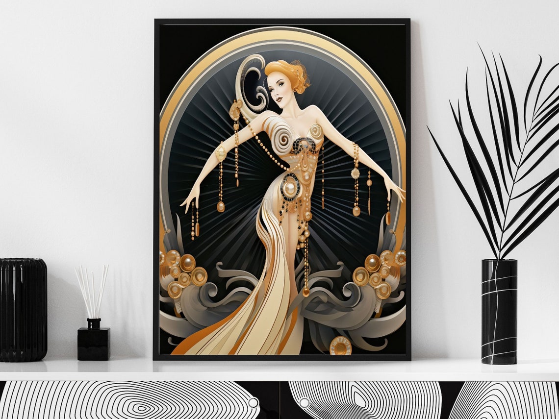 Elegant Art Deco Dancer In White And Gold Beaded Gown Swirling Print - Image 4