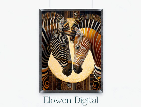 Two Zebra Profiles In Bold Black White And Gold Art Deco Wall Art