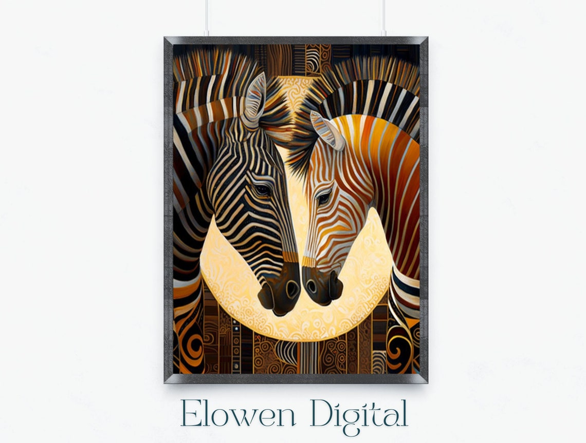 Two Zebra Profiles In Bold Black White And Gold Art Deco Wall Art