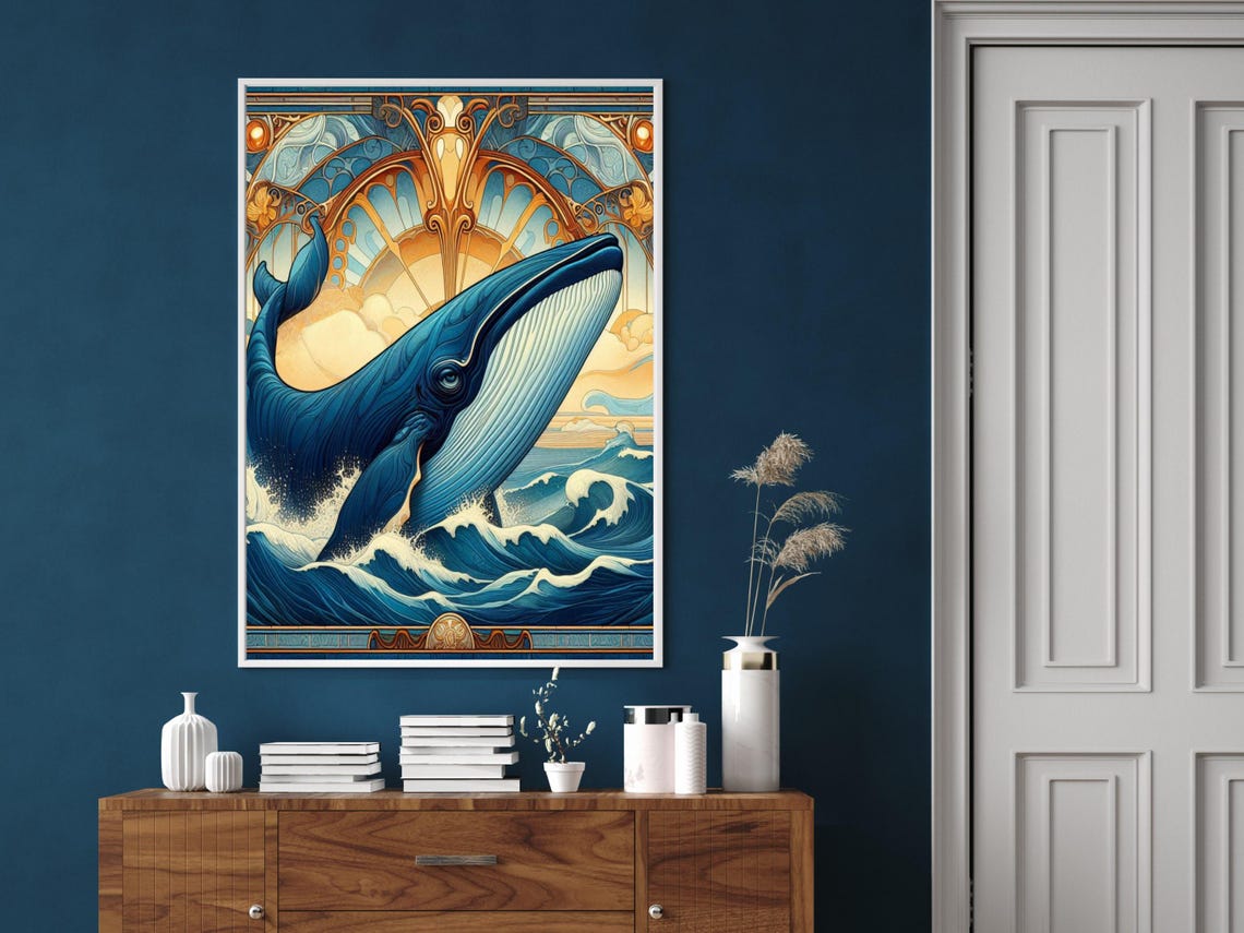 Art Nouveau Blue Whale Breaching Stylized Ocean Waves Art Poster - Image 3