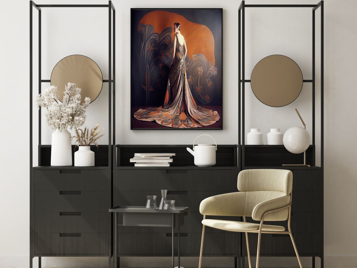Art Deco Woman in Peacock-Feather Train Gown From Behind Poster - Image 4