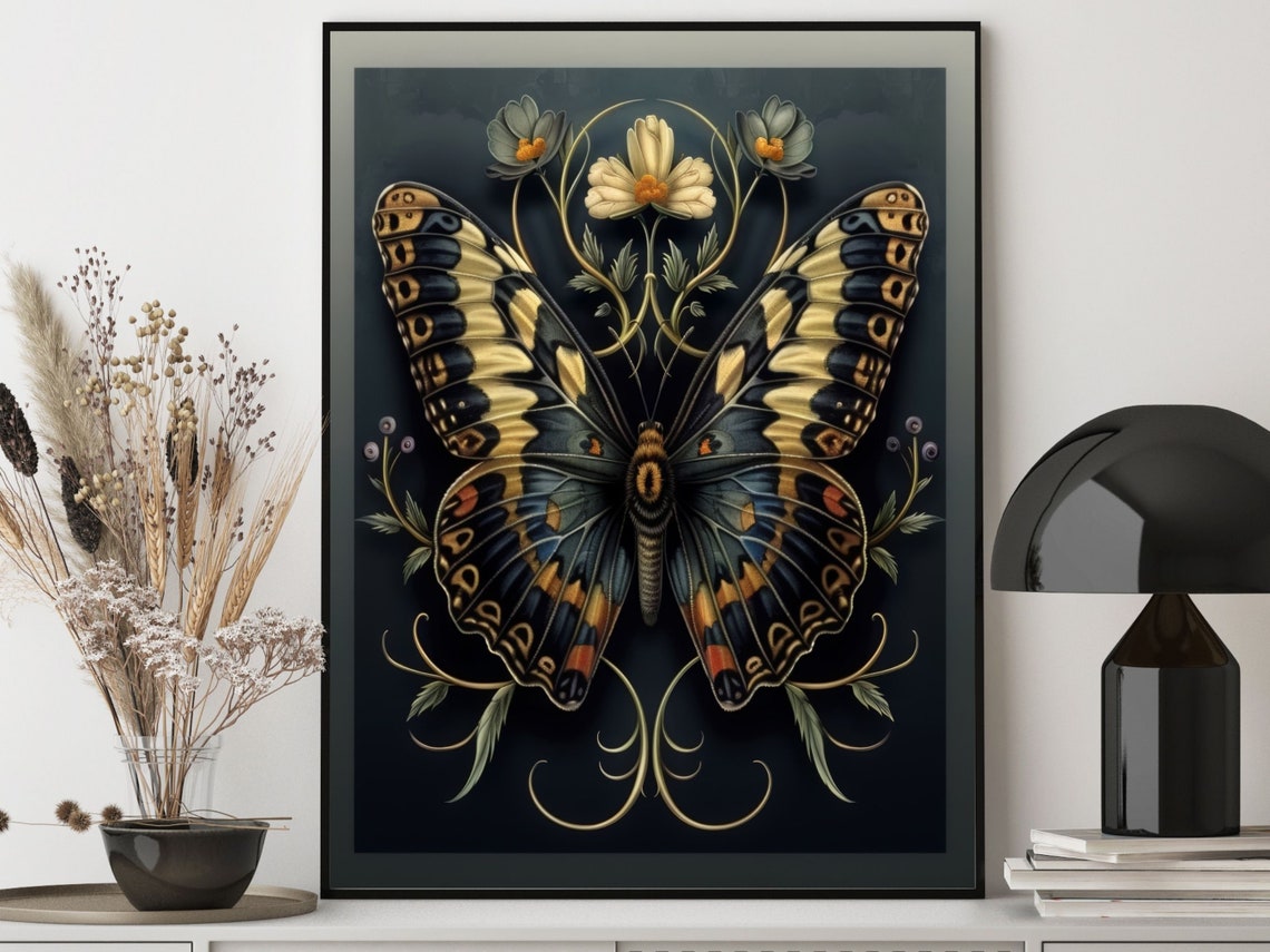 Dark Academia Swallowtail Butterfly With Flowers On Black Poster - Image 3