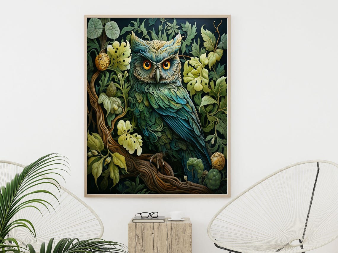Charming William Morris Style Owl Botanical Garden Wall Poster - Image 4