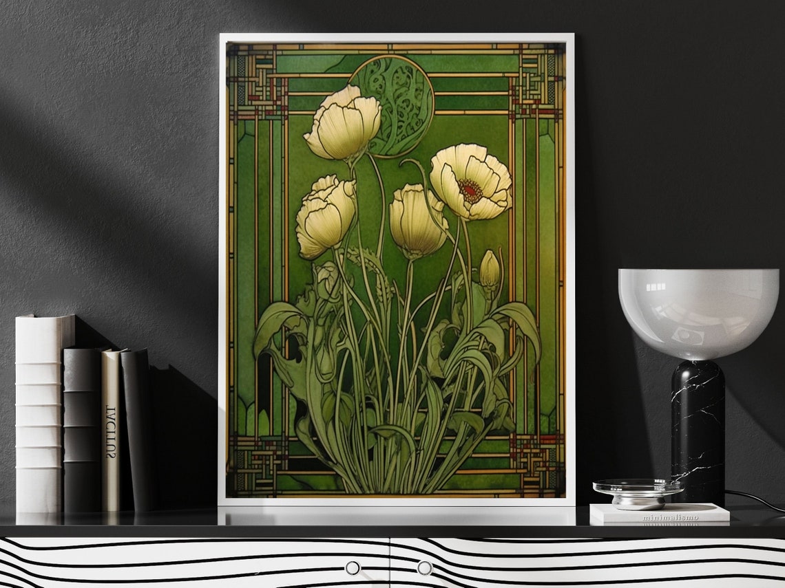 Delicate Art Nouveau White Poppies Green Vintage Botanical Poster - Image 3