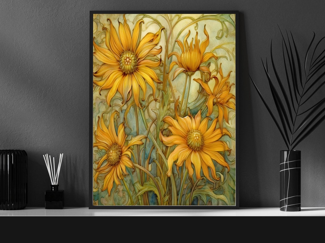 Art Nouveau Golden Yellow Daisy Flowers Vintage Floral Art Poster