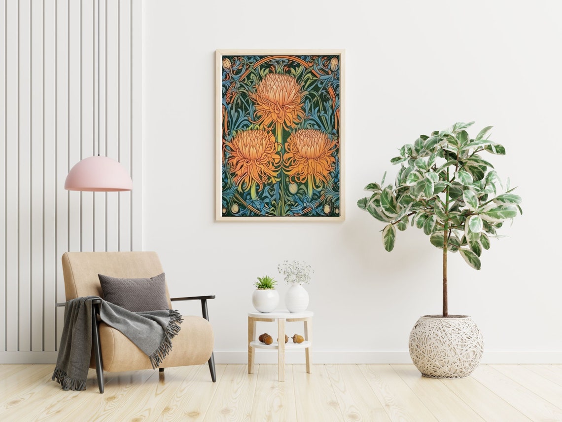 Vibrant Art Nouveau Orange Chrysanthemums Morris Style Wall Art - Image 4