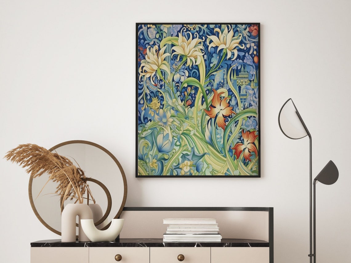 Art Nouveau Blue and Green Lily Botanical Floral Pattern Art Poster - Image 5