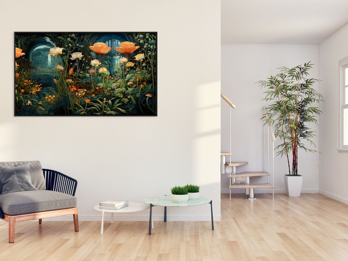 Art Nouveau Pond Flowers With Orange Poppies at Night Poster - Image 4