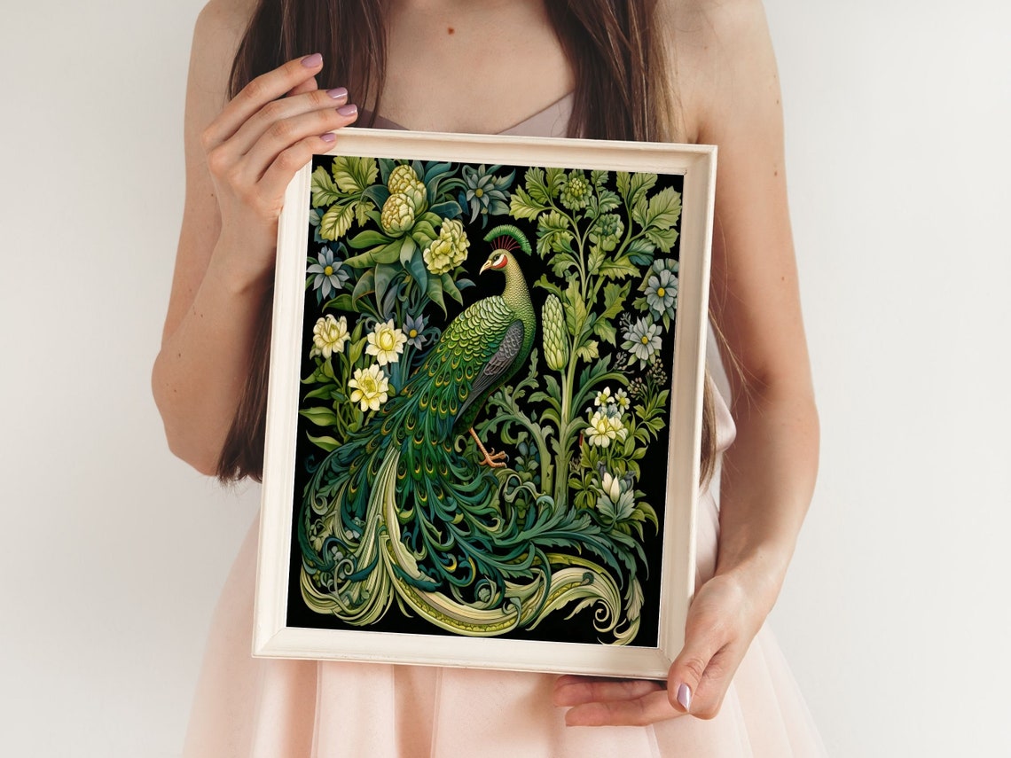 William Morris Style Peacock Emerald Garden Black Ground Wall Art - Image 6