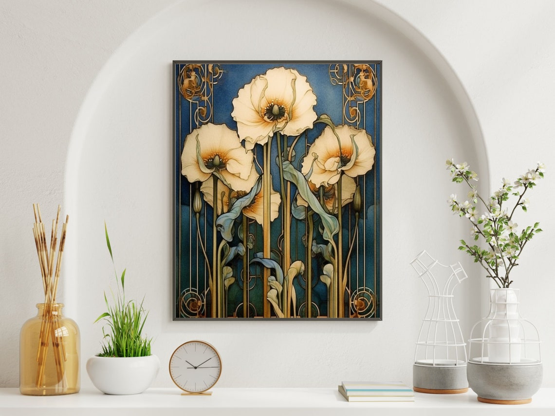 Art Nouveau Pale Poppies On Deep Blue Floral Design Wall Art - Image 2