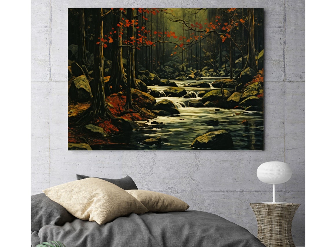 Art Deco Vintage Landscape Large Wall Art Autumn Red Leaves Forest Landscape Painting With River Wall Art Moody Landscape - Image 4