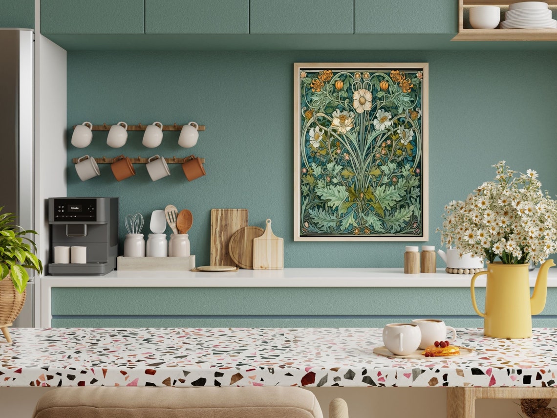 William Morris Style White Daisies And Green Foliage Floral Poster - Image 2
