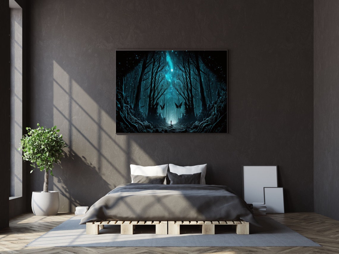 Teal Fantasy Night Forest With Butterflies And Lone Walker Poster - Image 2