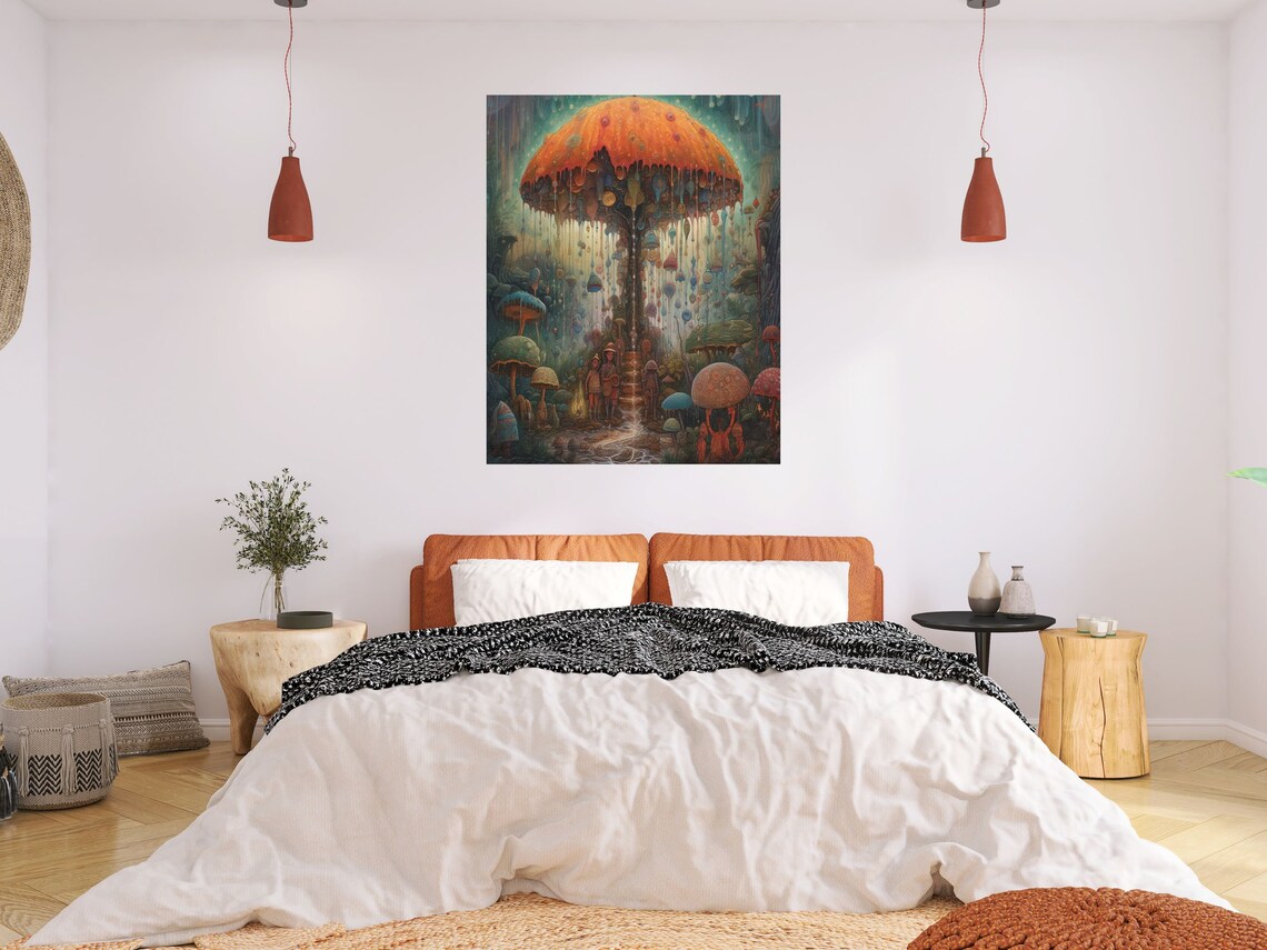 Magical Mushroom Umbrella Fairy Forest Rain Fantasy Art Poster - Image 2