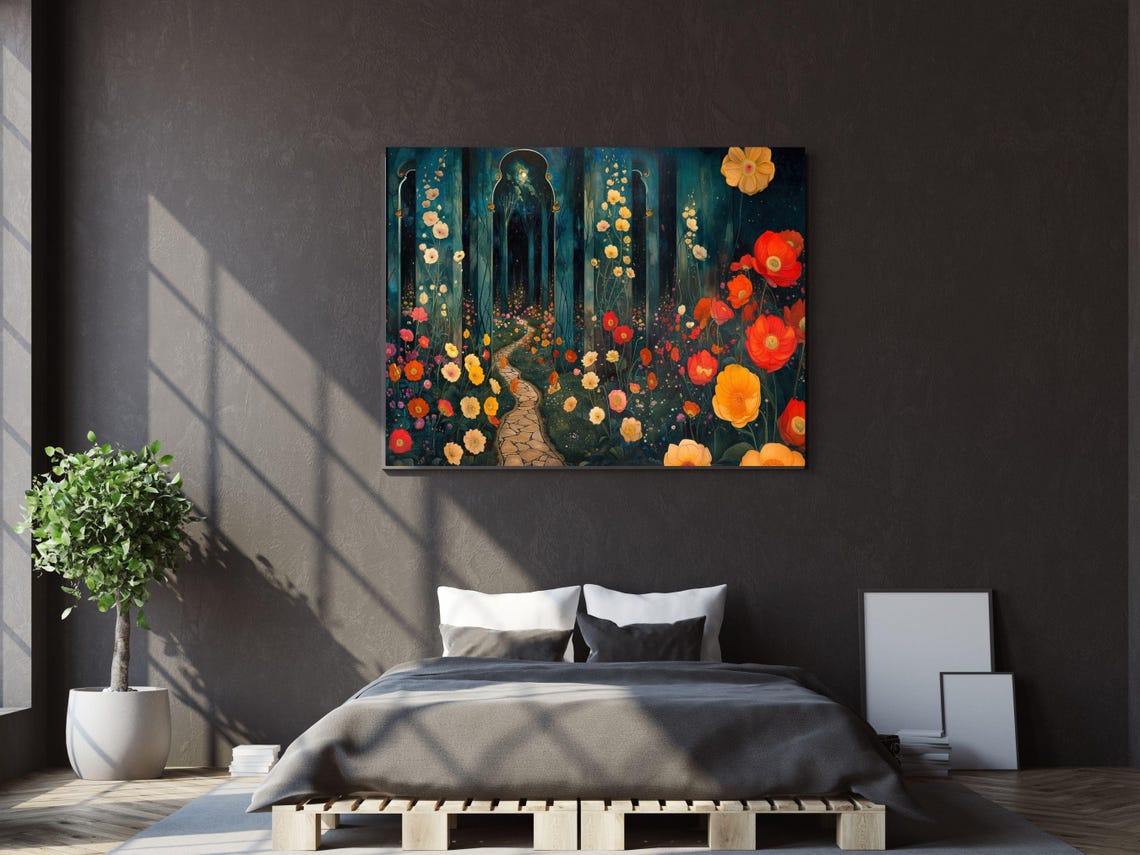 Art Nouveau Moonlit Flower Lane Through a Dark Garden at Night Poster - Image 4