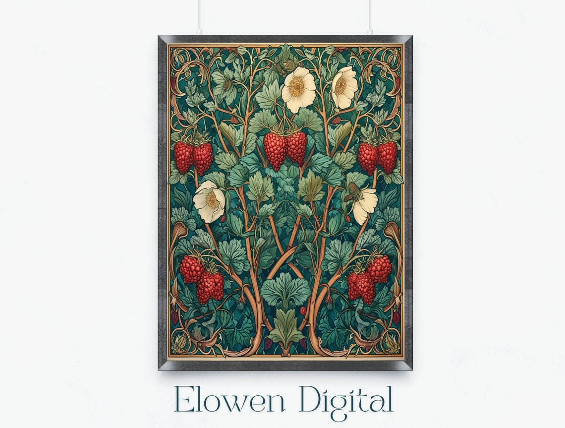 Art Nouveau Raspberry Bush With Red Berries Botanical Poster