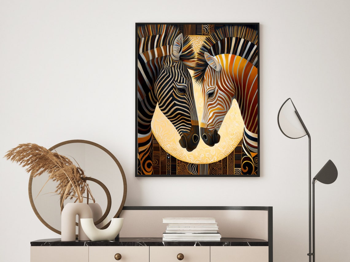 Two Zebra Profiles In Bold Black White And Gold Art Deco Wall Art - Image 4