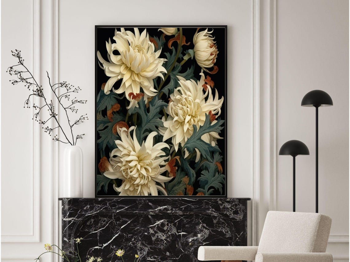 White Chrysanthemums on Dark Botanical Vintage Floral Poster - Image 3