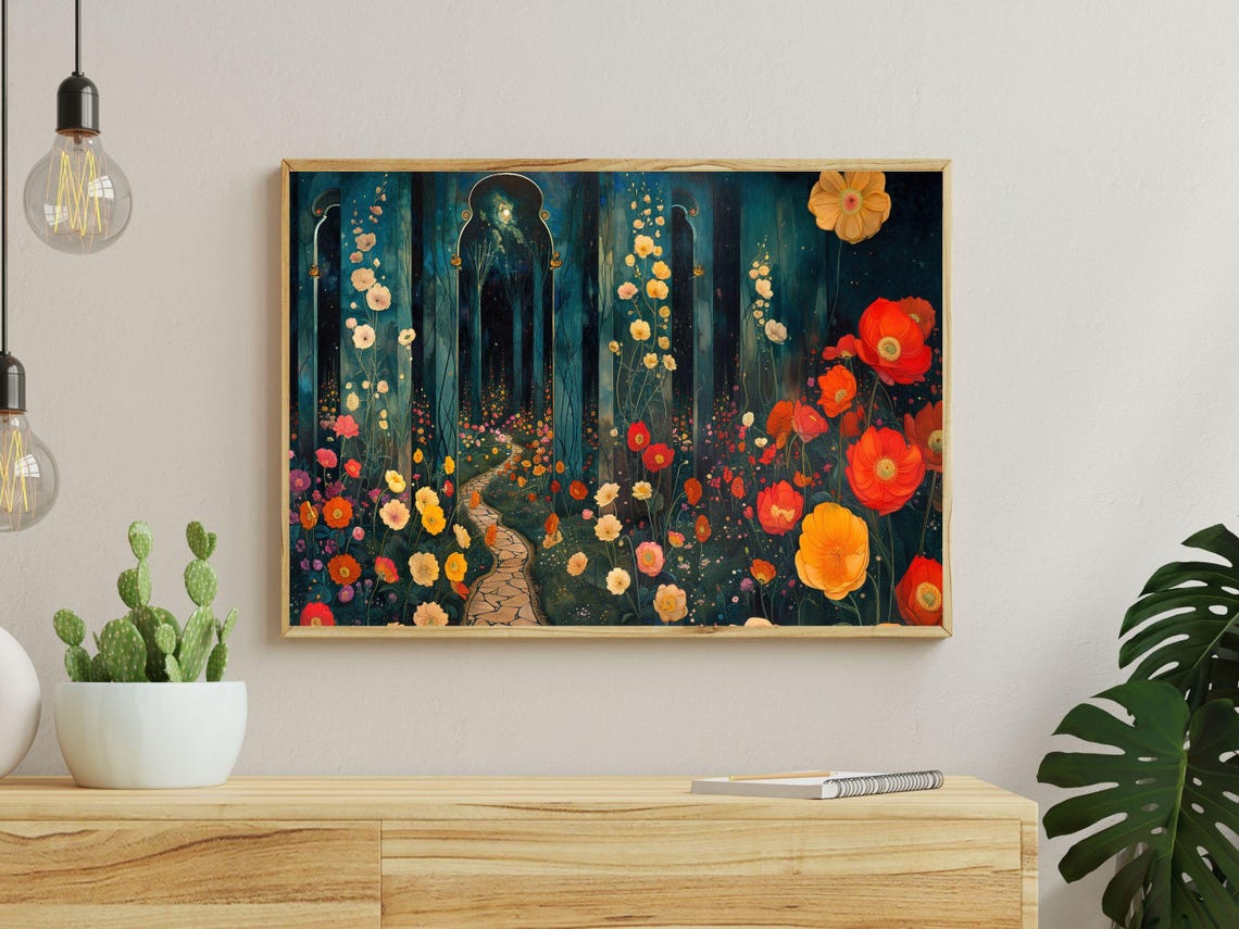 Art Nouveau Moonlit Flower Lane Through a Dark Garden at Night Poster - Image 2