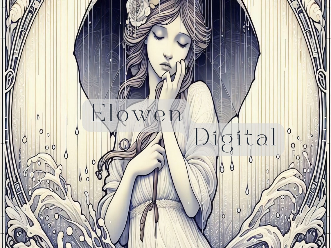 Poetic Art Nouveau Woman Umbrella Rainy Night Monochrome Poster - Image 3