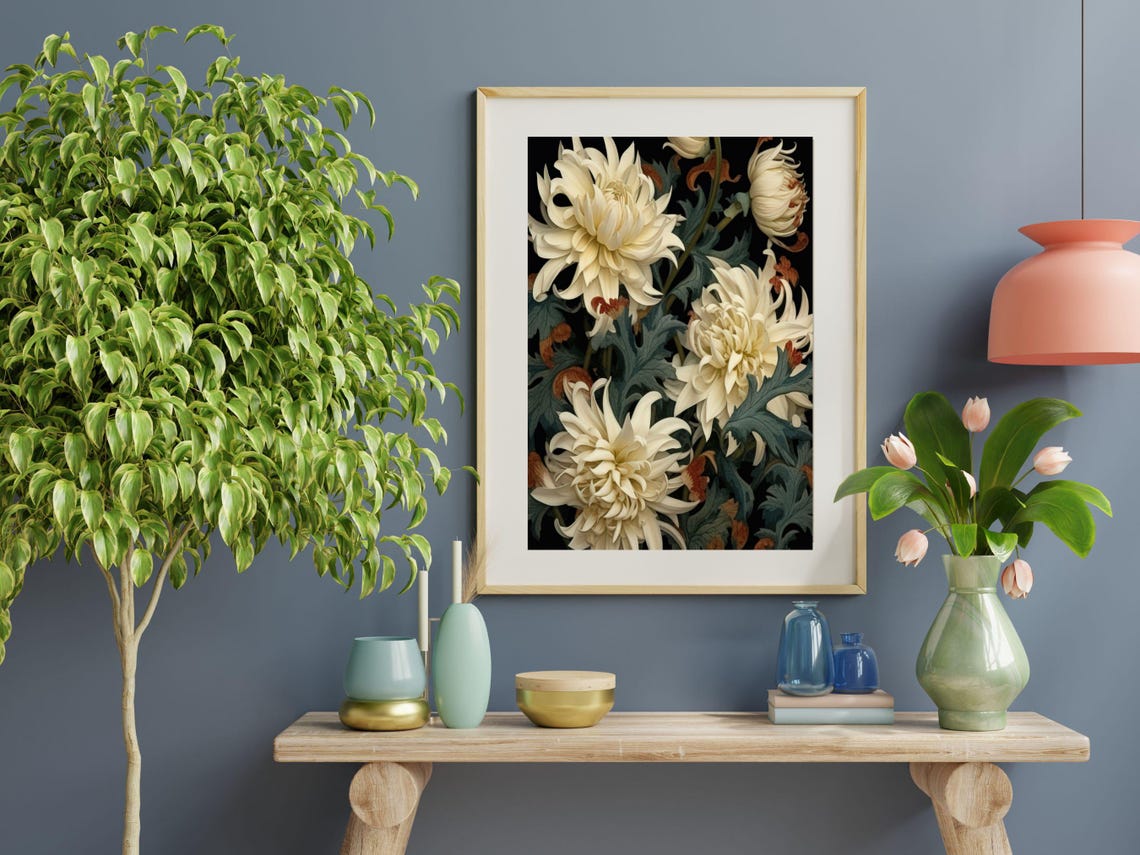 White Chrysanthemums on Dark Botanical Vintage Floral Poster - Image 4
