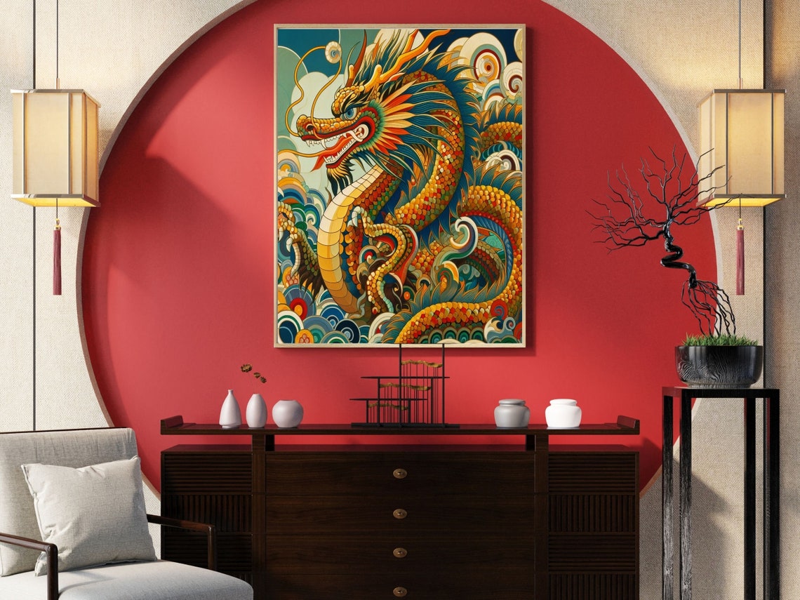 Chinese Dragon Coiled Among Ocean Waves And Clouds Scene Wall Art - Image 2