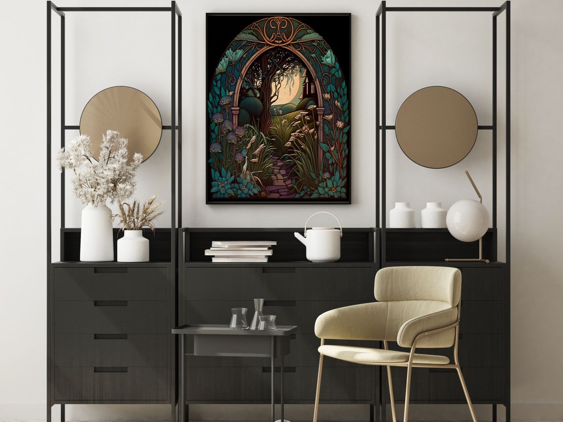 Art Nouveau Moonlit Garden Arch Willow Tree Night Garden Wall Art - Image 4