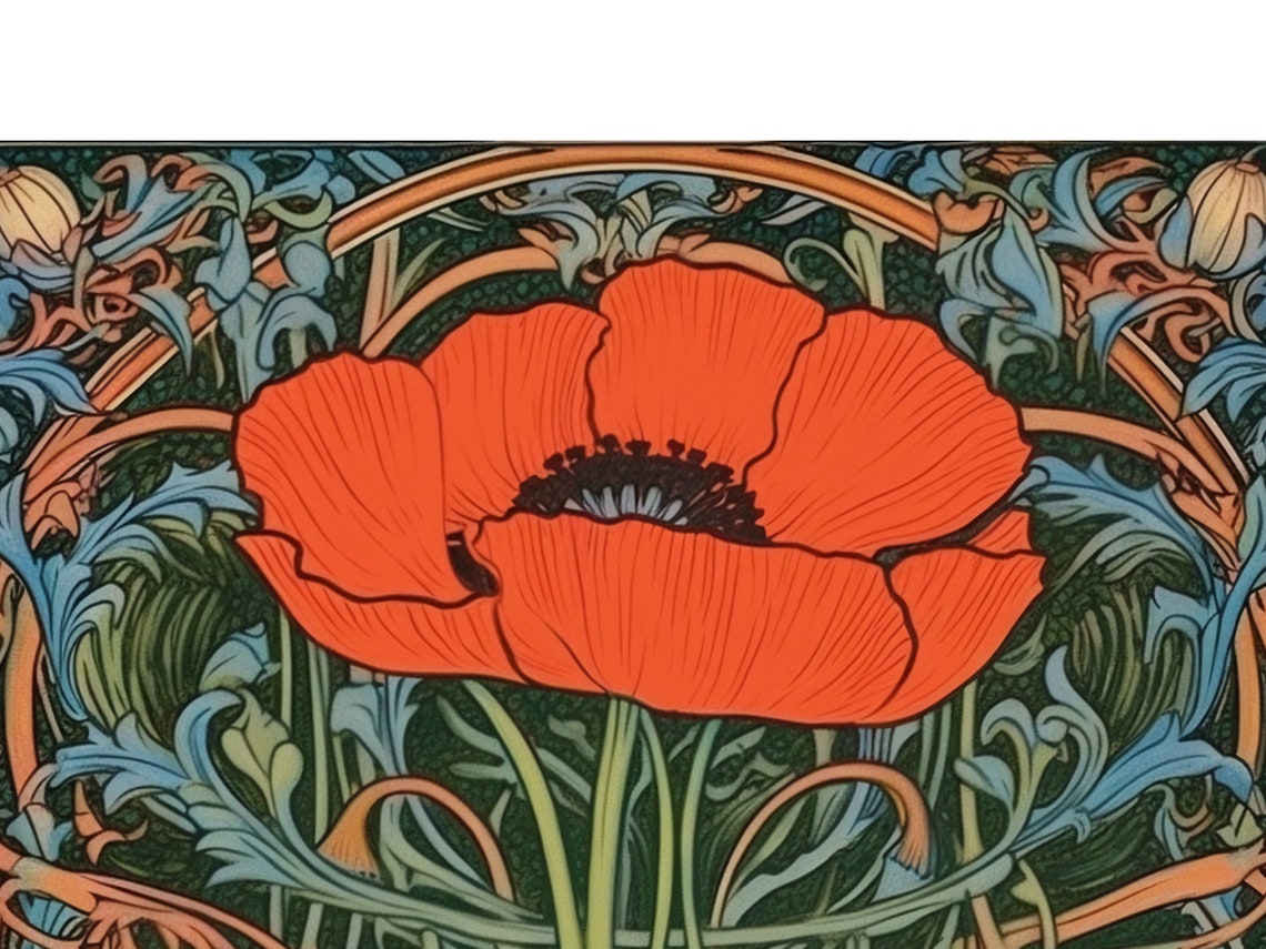 Scarlet Poppy Bloom In Ornate Blue Copper Art Nouveau Frame Wall Art - Image 4