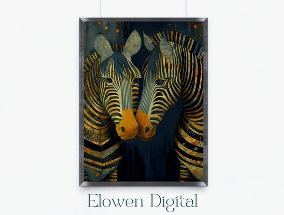 Art Deco Golden Zebra Pair Touching Heads on Midnight Poster
