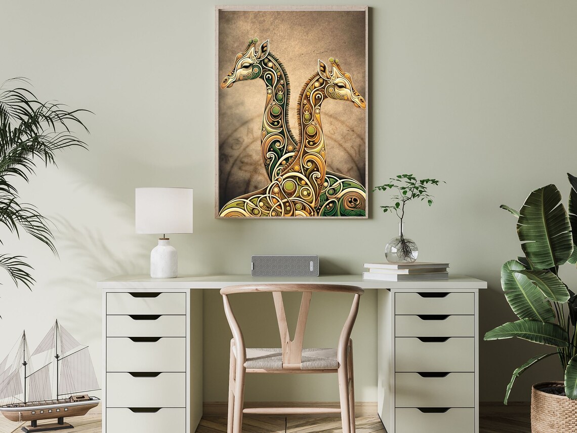 Two Ornate Giraffes With Gold And Green Patterned Bodies Art Nouveau Wall Art - Image 3