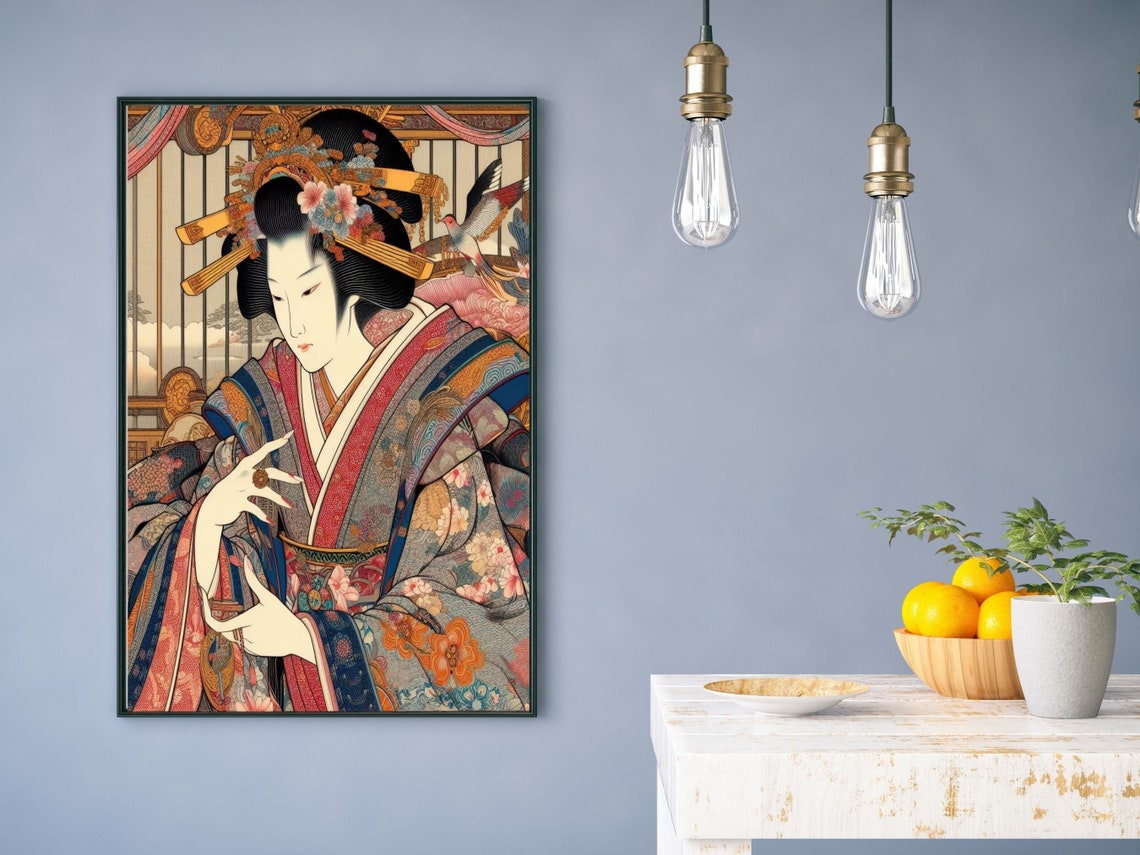 Japanese Courtesan in Floral Kimono, Traditional Ukiyo-E Style Poster - Image 4