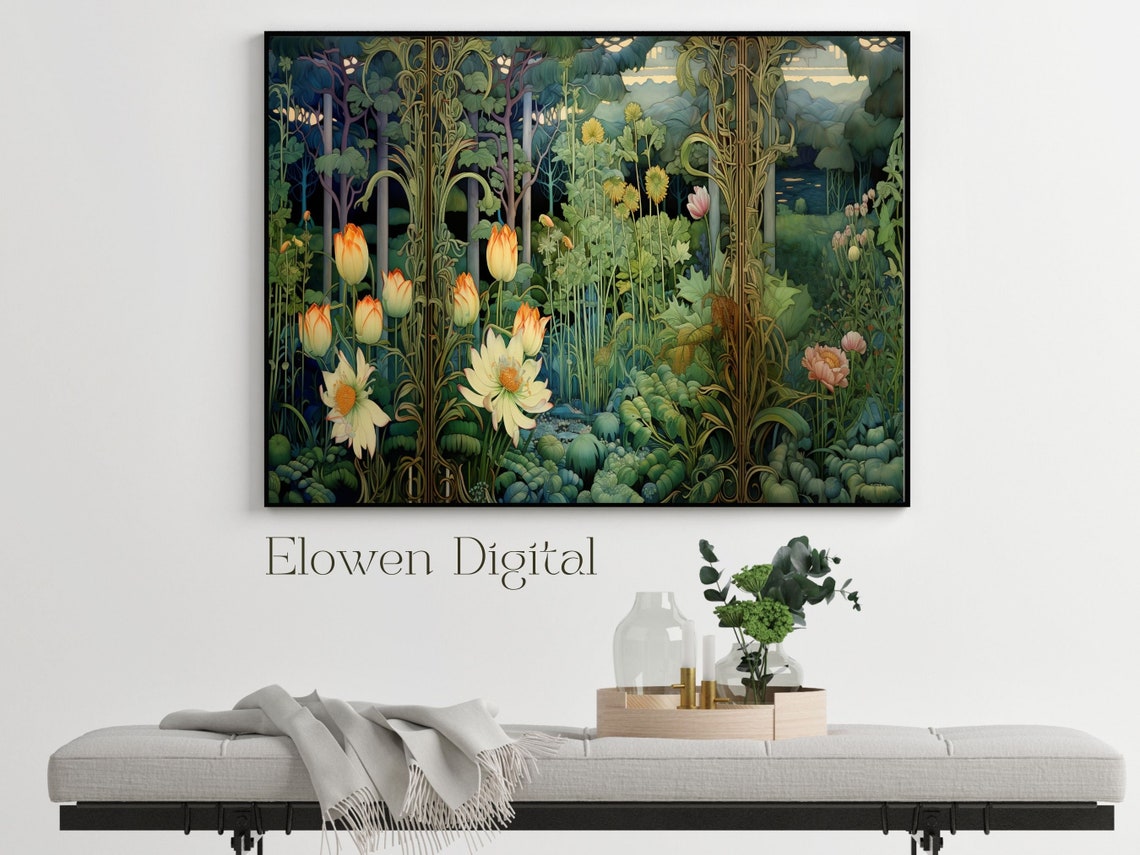 Art Nouveau Tulip Garden in a Blue-Green Forest Landscape Poster