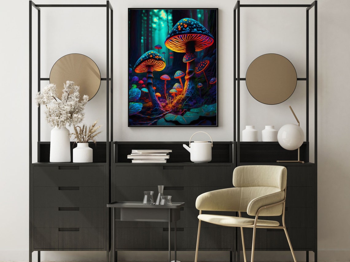 Neon Glow Mushrooms in Enchanted Teal Forest Fantasy Art Poster - Image 4