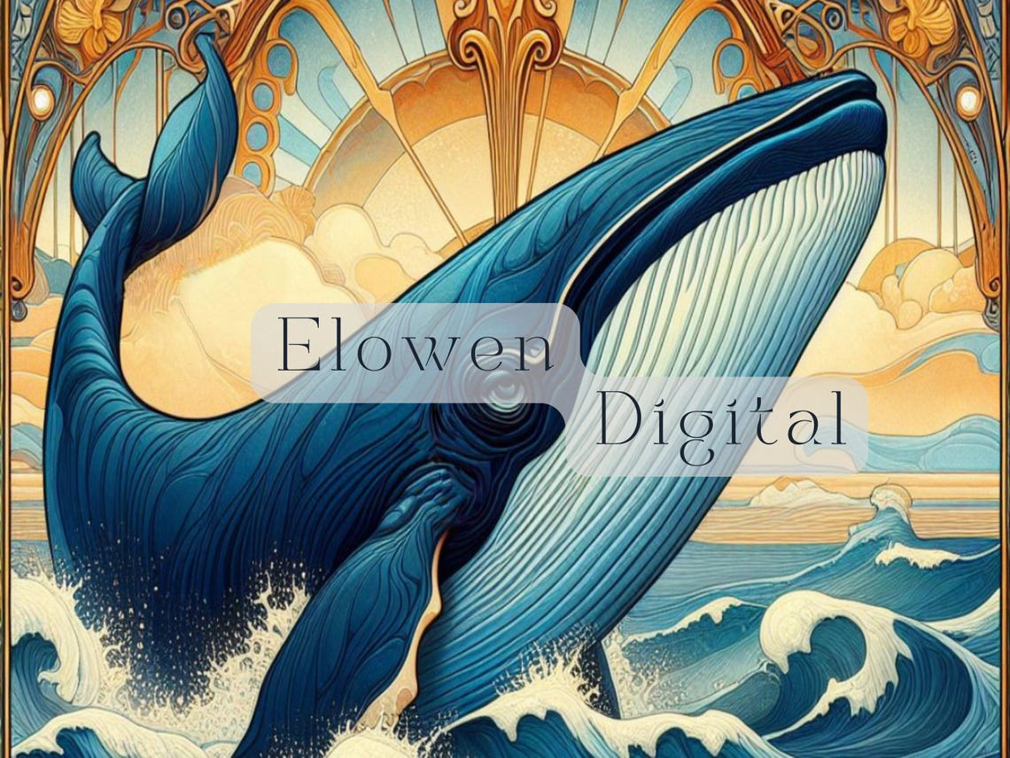 Art Nouveau Blue Whale Breaching Stylized Ocean Waves Art Poster - Image 6