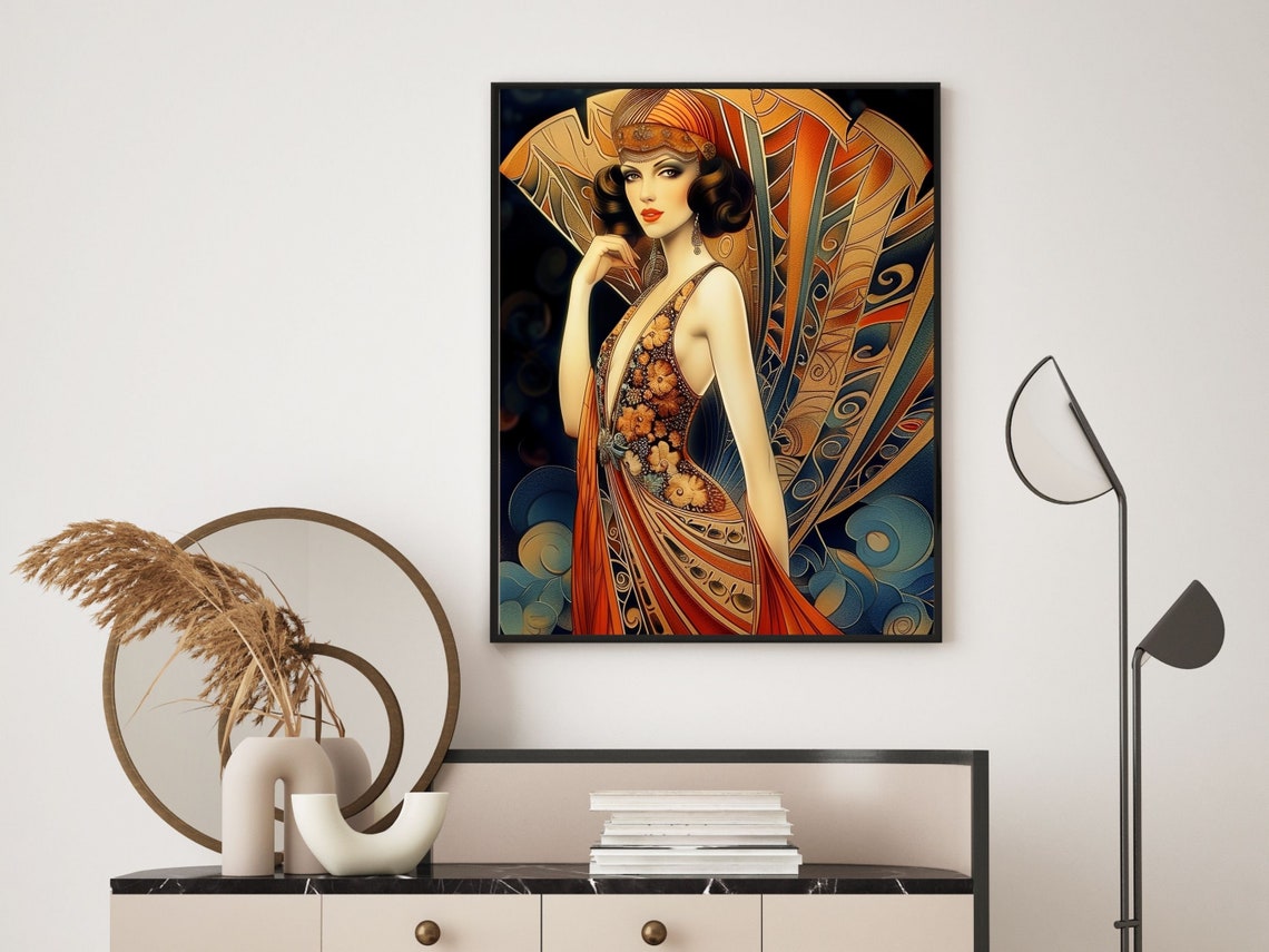 Erte Red Gown Art Deco Print Wall Art Of Woman In Flame Erte Gown Vintage Fashion Erte Gown With Art Deco Decor - Image 3