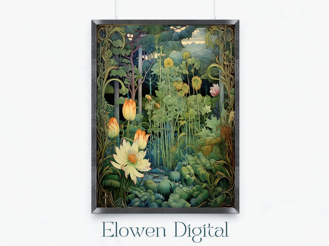 William Morris Style Tulip and Daisy Garden Botanical Poster