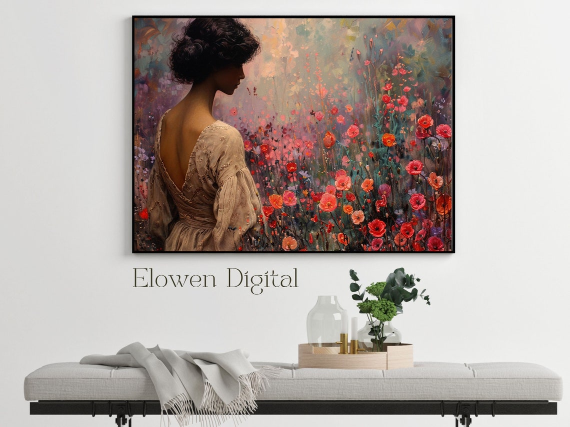 Woman Walking Among Pink and Red Poppies Impressionist Poster