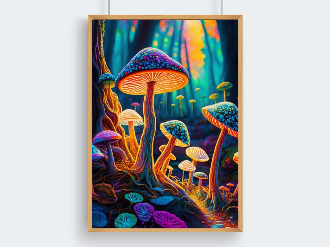 Neon Psychedelic Mushroom Forest With Glowing Blue Spotted Caps Poster