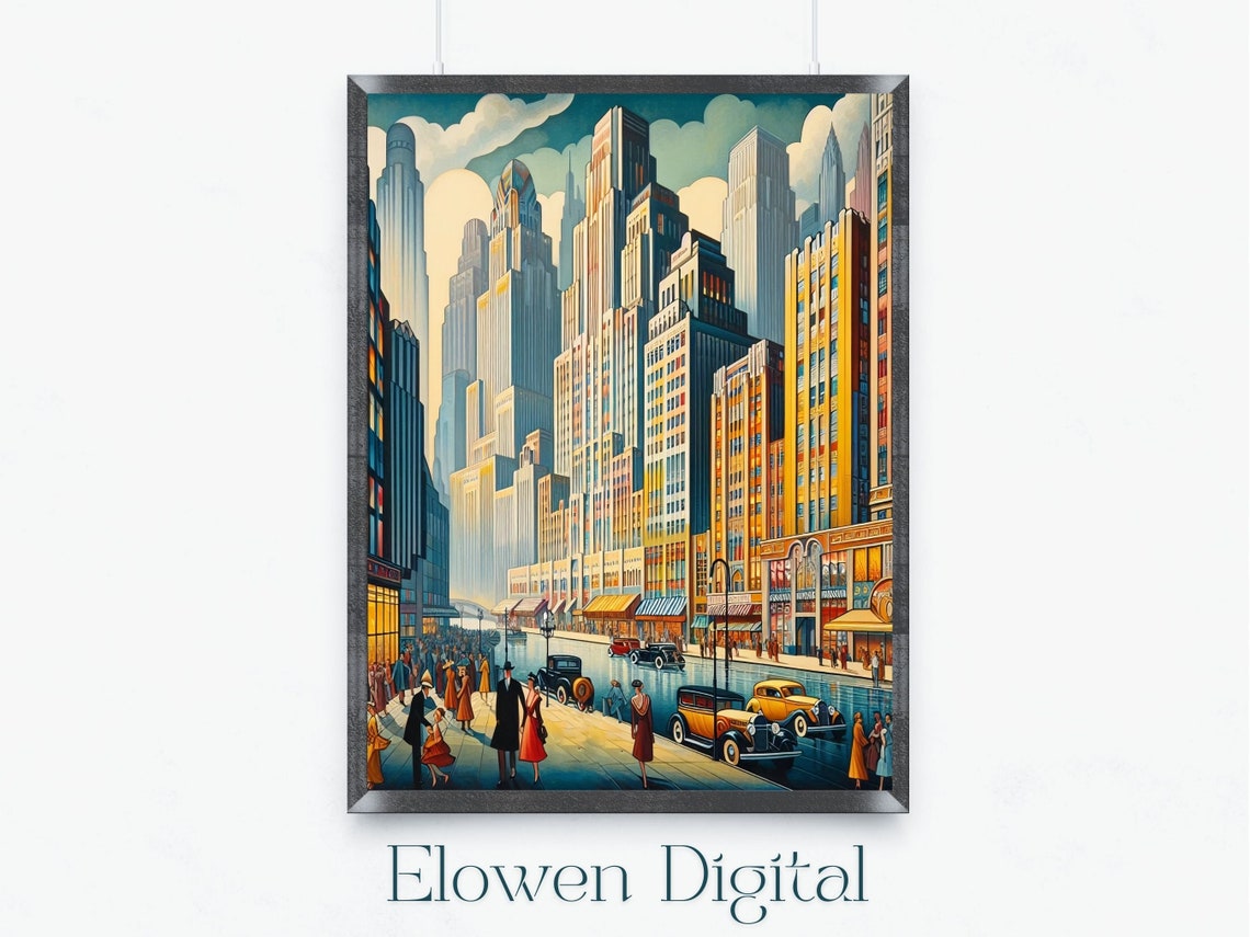 Art Deco 1940s Skyscraper Street Scene With Vintage Cars Poster