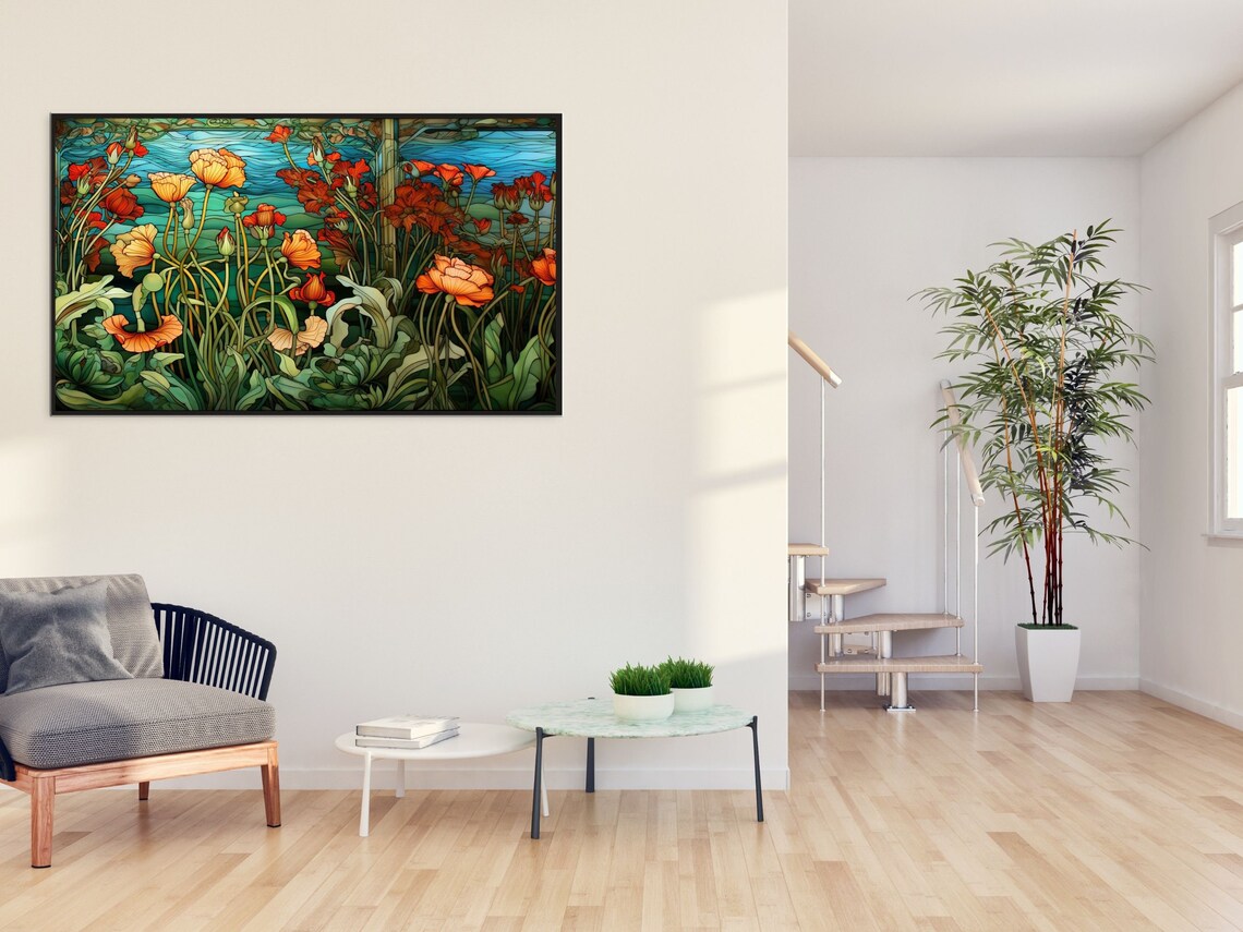 Stained Glass Poppy Field Orange Red Flowers Pond Floral Poster - Image 2