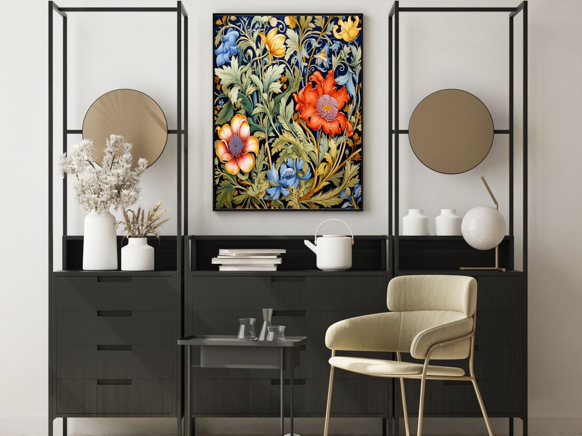 William Morris Style Poppies and Irises Navy Botanical Wall Art - Image 6
