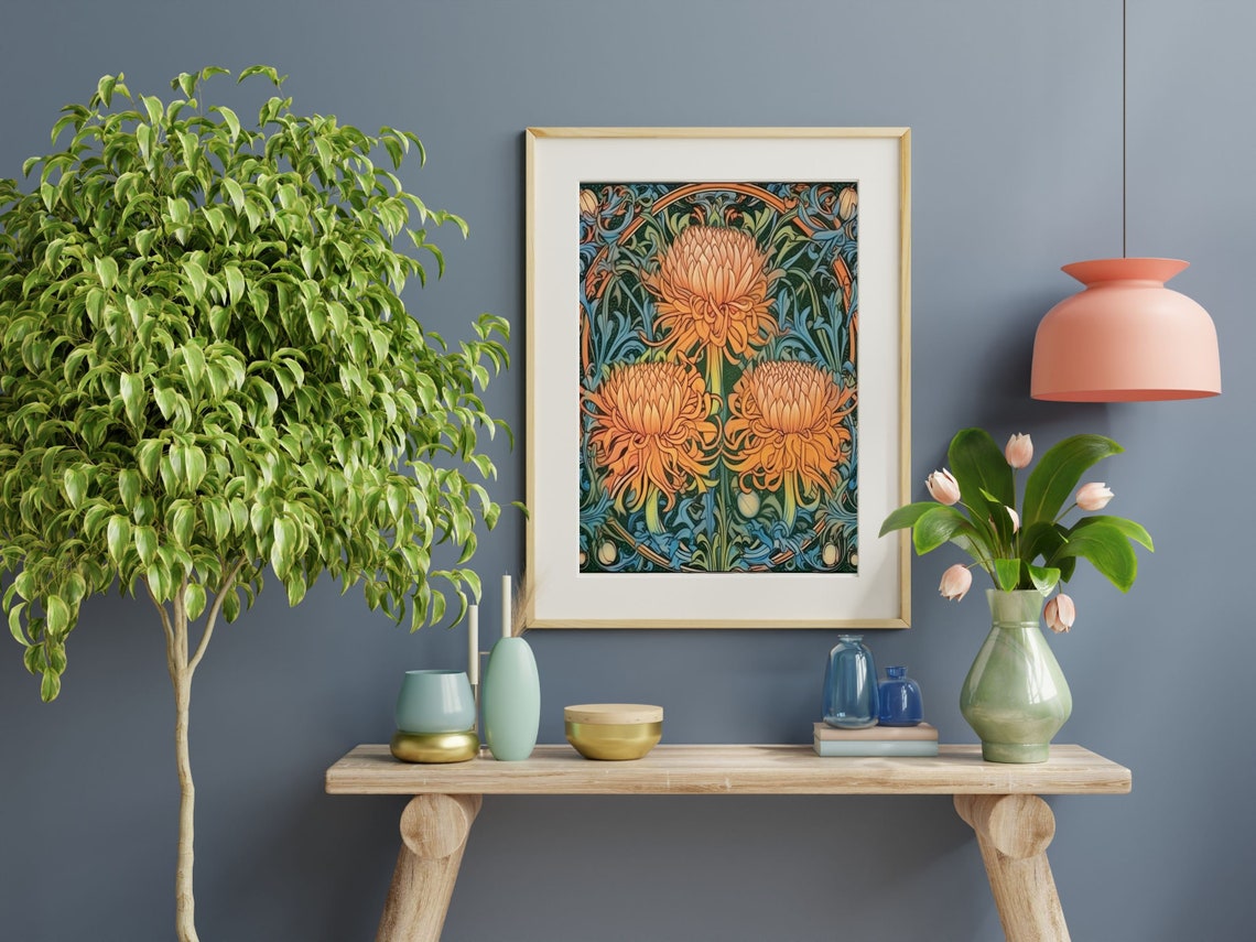 Vibrant Art Nouveau Orange Chrysanthemums Morris Style Wall Art - Image 5