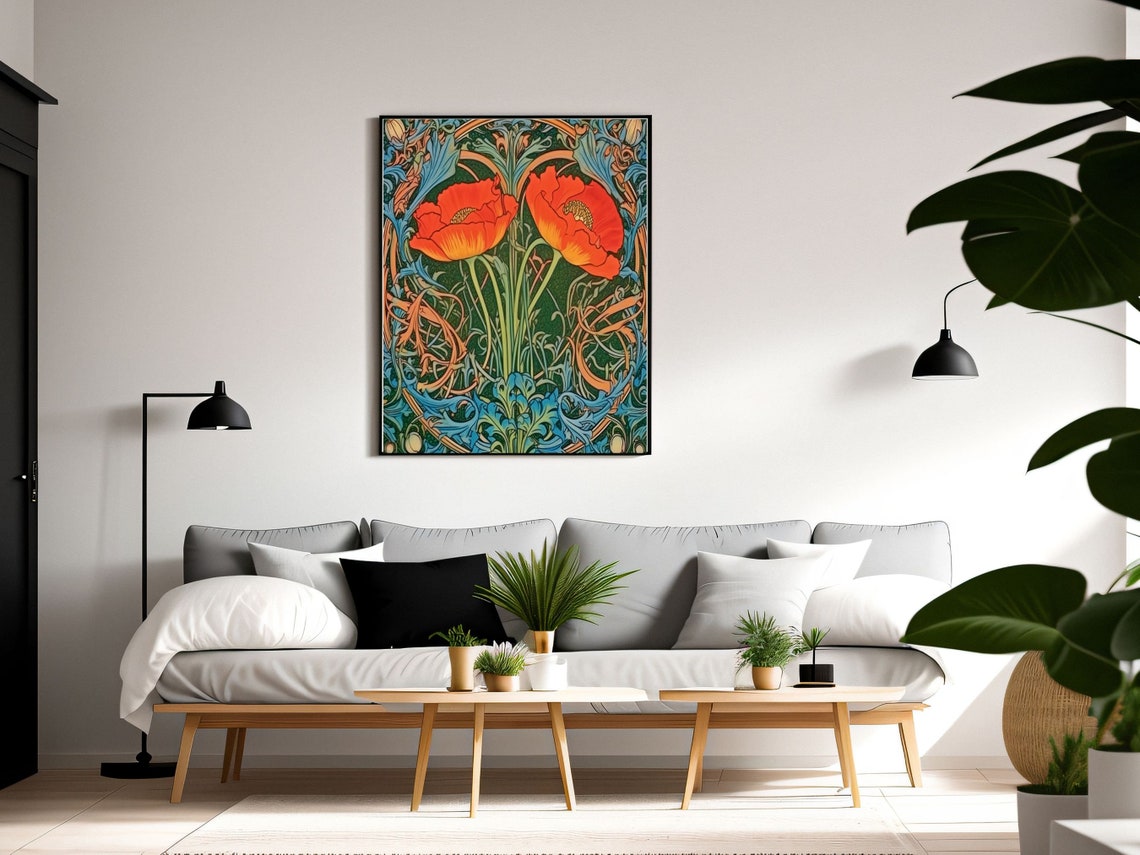 Scarlet Poppies With Blue Green Foliage Morris Style Art Poster - Image 3