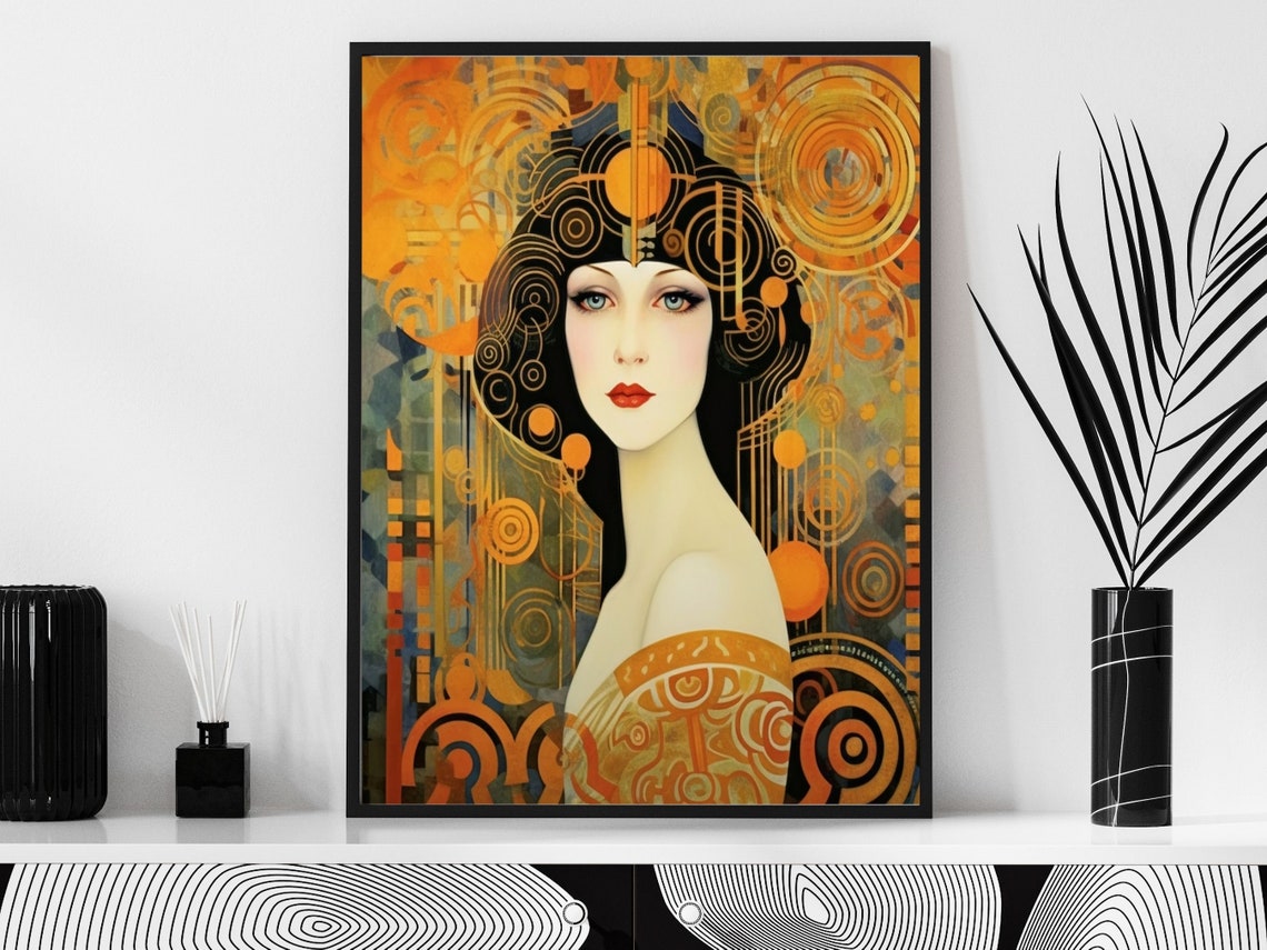 Art Nouveau Woman Portrait in Gold and Orange Swirling Patterns Poster - Image 6