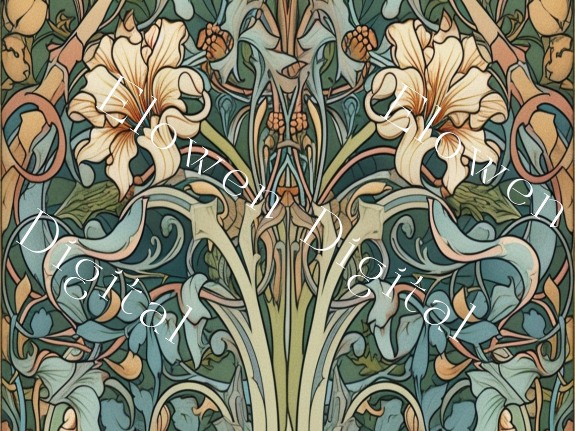 William Morris Style Lilies and Vines Botanical Pattern Wall Art - Image 6