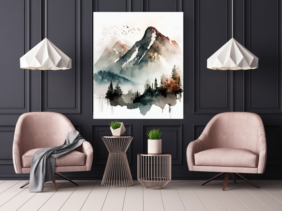 Soft Watercolor Misty Mountain Peaks With Birds And Forest Poster - Image 6
